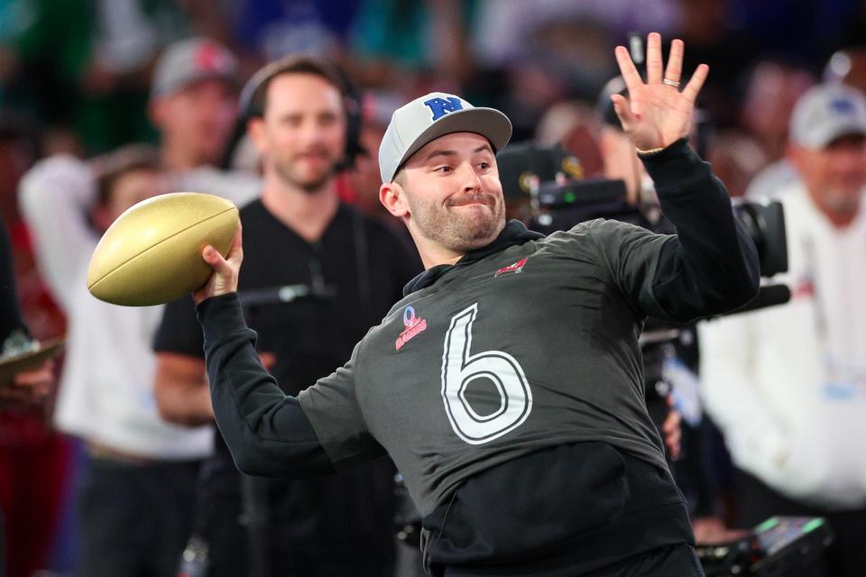 Feb 1, 2024; Orlando, FL, USA; Tampa Bay Buccaneers quarterback Baker Mayfield (6) participates in the NFL Pro Bowl Skills Competition at the UCF NIcholson Fieldhouse. Mandatory Credit: Nathan Ray Seebeck-USA TODAY Sports