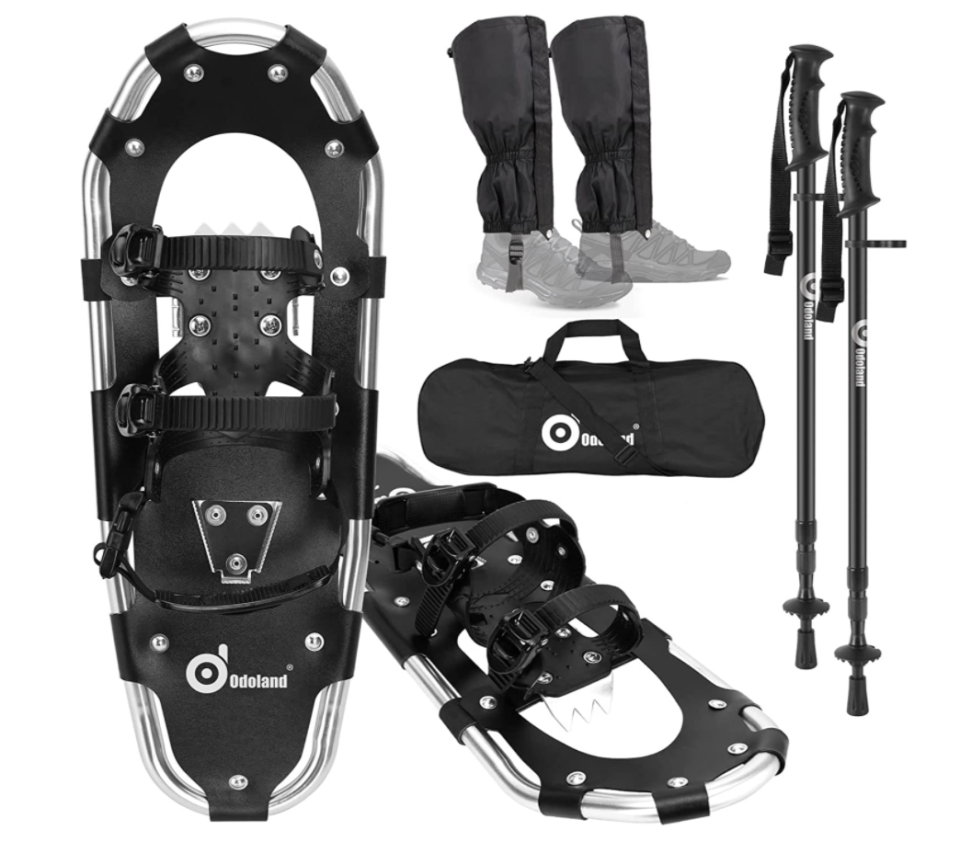 Odoland 4-in-1 Lightweight Snow Shoes Set with snowshoes, poles, and bag (Photo via Amazon)