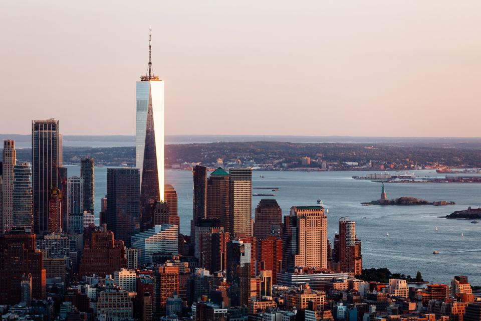 <h1 class="title">Downtown Manhattan skyline with One World Trade Center skyscraper on the left, aerial view, New York City</h1><cite class="credit">Photo: Getty Images/Alexandr Spatari</cite>