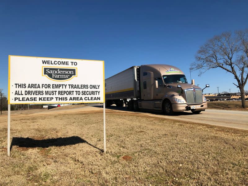 FILE PHOTO: A truck laden with chicken leg quarters leaves Sanderson Farms poultry processing plant enroute to Mexico, in Palestine