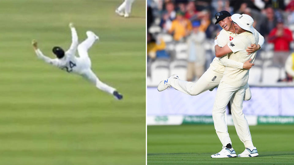 Joe Denly took an amazing catch on Day 5 of the second Ashes Test. (Image: Twitter/Getty Images)