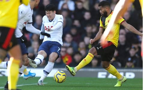 Tottenham's Son Heung-min makes an attempt to score during the English Premier League soccer match between Watford and Tottenham Hotspur at Vicarage Road - Credit: AP