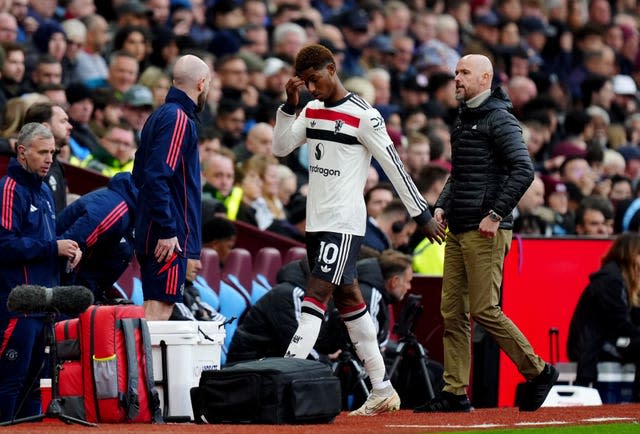 Marcus Rashford reacts to being taken off