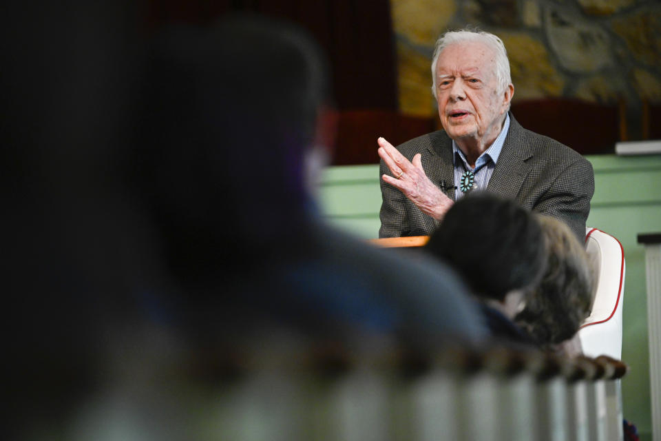 In this Sunday, Nov. 3, 2019, file photo, former President Jimmy Carter teaches Sunday school at Maranatha Baptist Church, in Plains, Ga. Nearly four decades after he left office and despite a body that’s failing after 95 years, the nation’s oldest-ever ex-president still teaches Sunday school roughly twice monthly at the church. (AP Photo/John Amis, File)