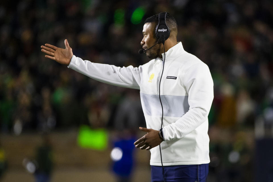 Notre Dame head coach Marcus Freeman points to the field during the first half an NCAA college football game against Southern California Saturday, Oct. 14, 2023, in South Bend, Ind. (AP Photo/Michael Caterina)