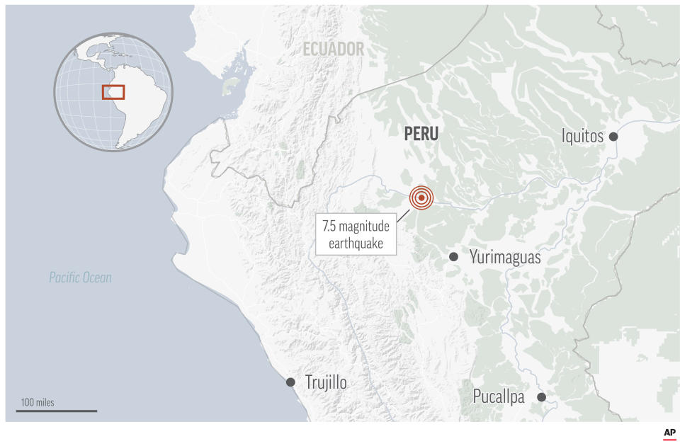 The U.S. Geological Survey says a strong earthquake with a preliminary magnitude of 7.5 has struck in northern Peru.