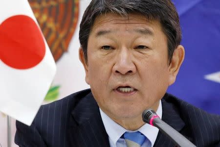 FILE PHOTO: Japanese Minister of Economic Revitalization Toshimitsu Motegi attends a news conference on the Trans Pacific Partnership (TPP) Ministerial Meeting during APEC 2017 in Da Nang, Vietnam, November 11, 2017. REUTERS/Kham