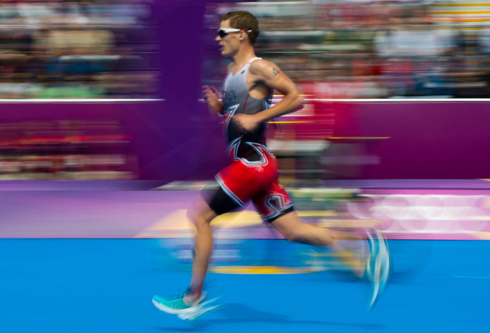 Canada's Brent McMahon runs as he races in the men's triathlon at Hyde Park during the Summer Olympics in London on Tuesday, August 7, 2012. THE CANADIAN PRESS/Sean Kilpatrick