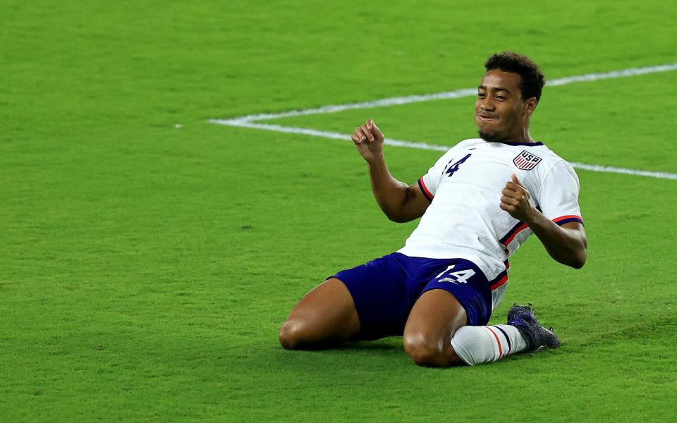 Jonathan Lewis celebrates a goal against the Trinidad and Tobago in a friendly at Exploria Stadium on Jan. 31.