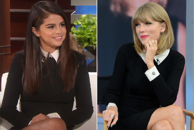 <p>Ellen; Getty</p> Selena Gomez and Taylor Swift wearing black and white dresses