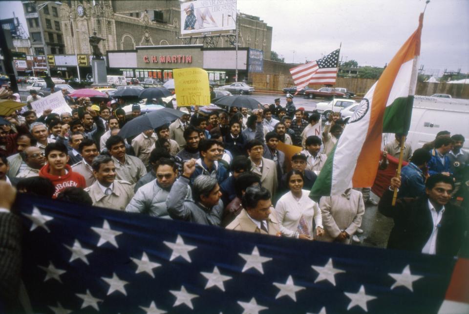 More than 500 East Indian-Americans marched through the heart of Jersey City, N.J., at Journal Square on October 12, 1987 to protest a wave of racially motivated violence against members of the city's Asian Indian community.