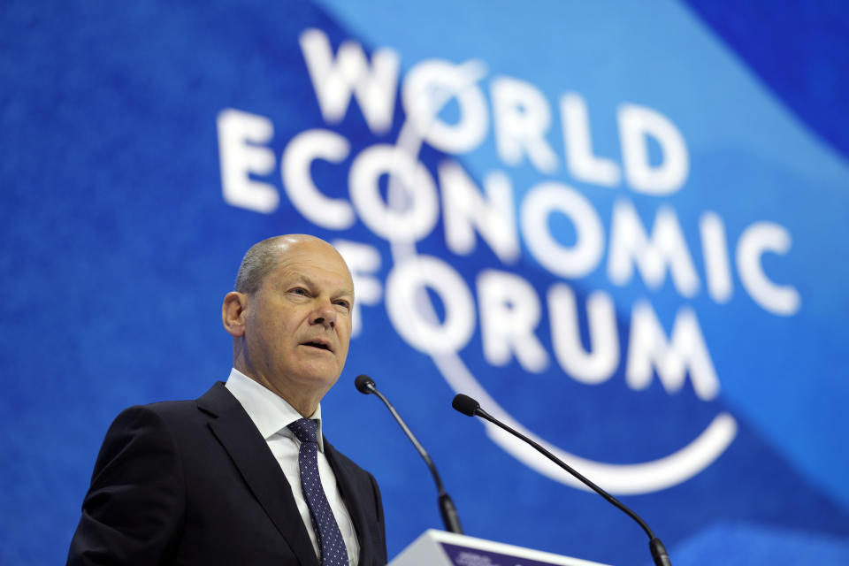 German chancellor Olaf Scholz speaks at the World Economic Forum in Davos, Switzerland, Thursday, May 26, 2022. The annual meeting of the World Economic Forum is taking place in Davos from May 22 until May 26, 2022. (AP Photo/Markus Schreiber)