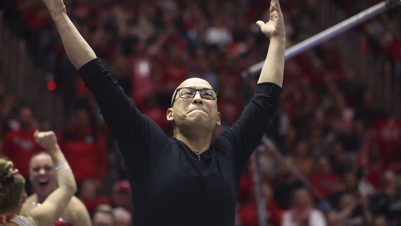 Utah’s gymnastics coach Tom Farden gets the crowd excited as No. 4 Utah takes on No. 5 UCLA at the Jon M. Huntsman Center in Salt Lake City on Friday, Feb. 3, 2023.
