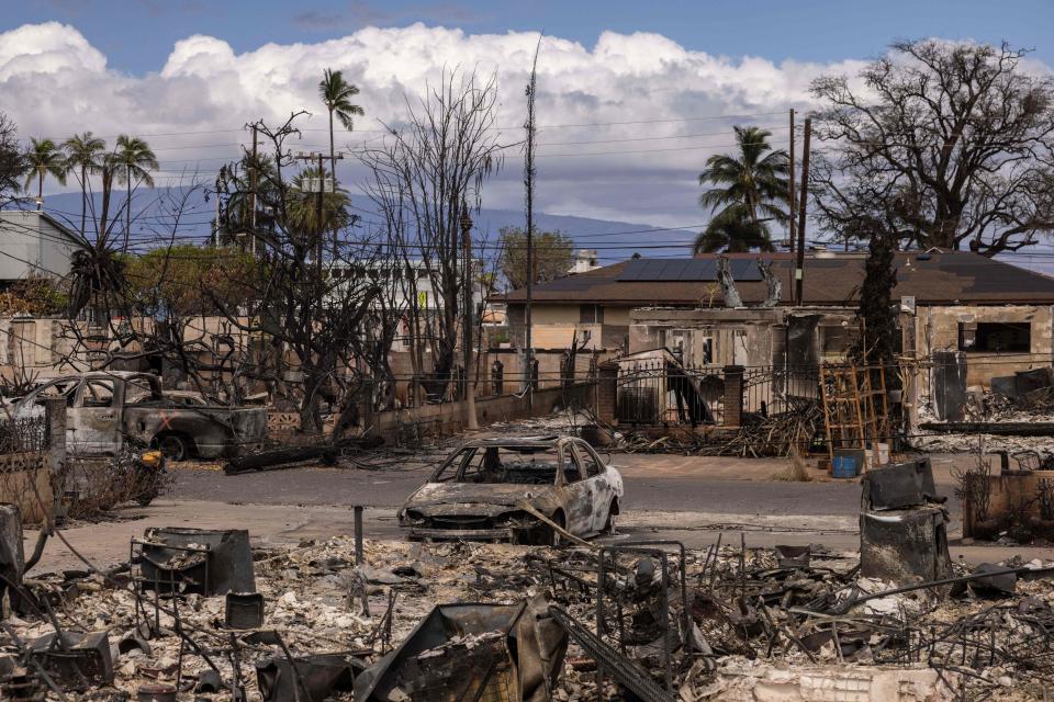 Destroyed buildings and cars are pictured in the aftermath of the Maui wildfires in Lahaina, Hawaii on Wednesday.