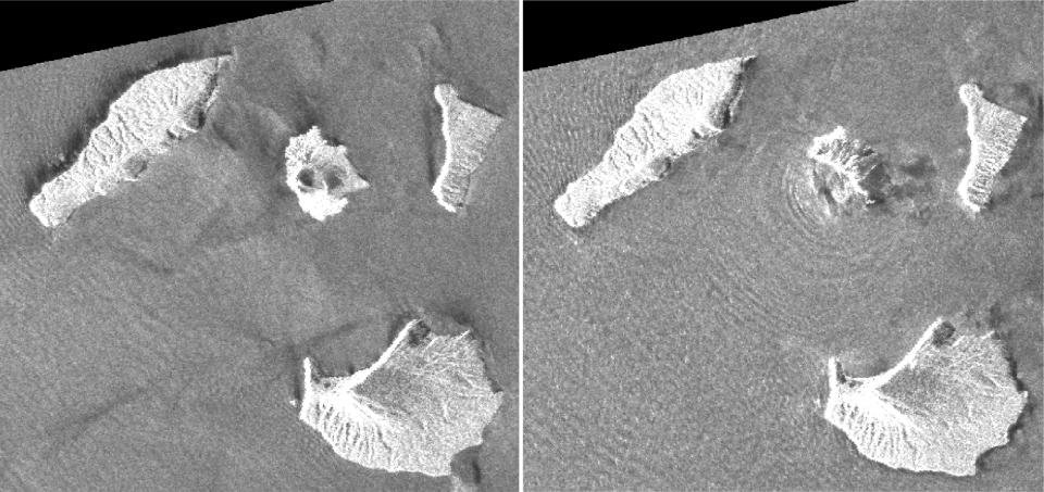 This combination of synthetic aperture radar images taken by JAXA's ALOS-2 satellite and analyzed by Geospatial Information Authority of Japan shows Indonesia's Anak Krakatau volcano, center in images, before and after the Dec. 22, 2018, eruption. The images were taken on Aug. 20, 2018, left, and on Dec. 24, 2018, right, respectively. The satellite imagery showed a deformation on the volcano's southwest side.(Geospatial Information Authority of Japan via AP)