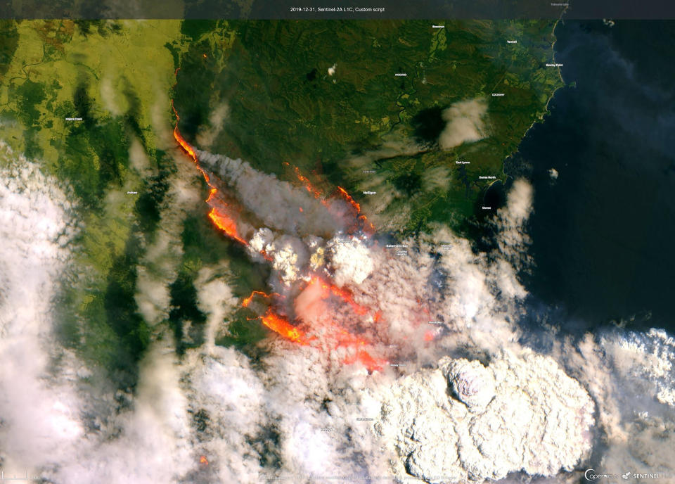 In this satellite image released by Copernicus Sentinel imagery, 2020 twitter page dated Dec. 31, 2019, shows wildfires burning across Australia. (Copernicus Sentinel Imagery via AP)