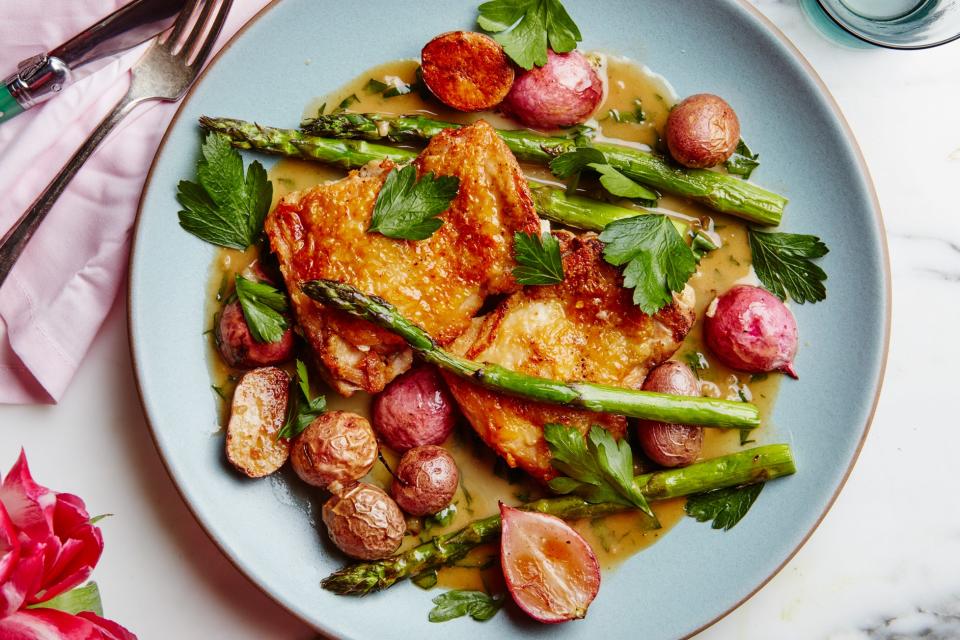 Crispy Chicken Thighs With Spring Vegetables