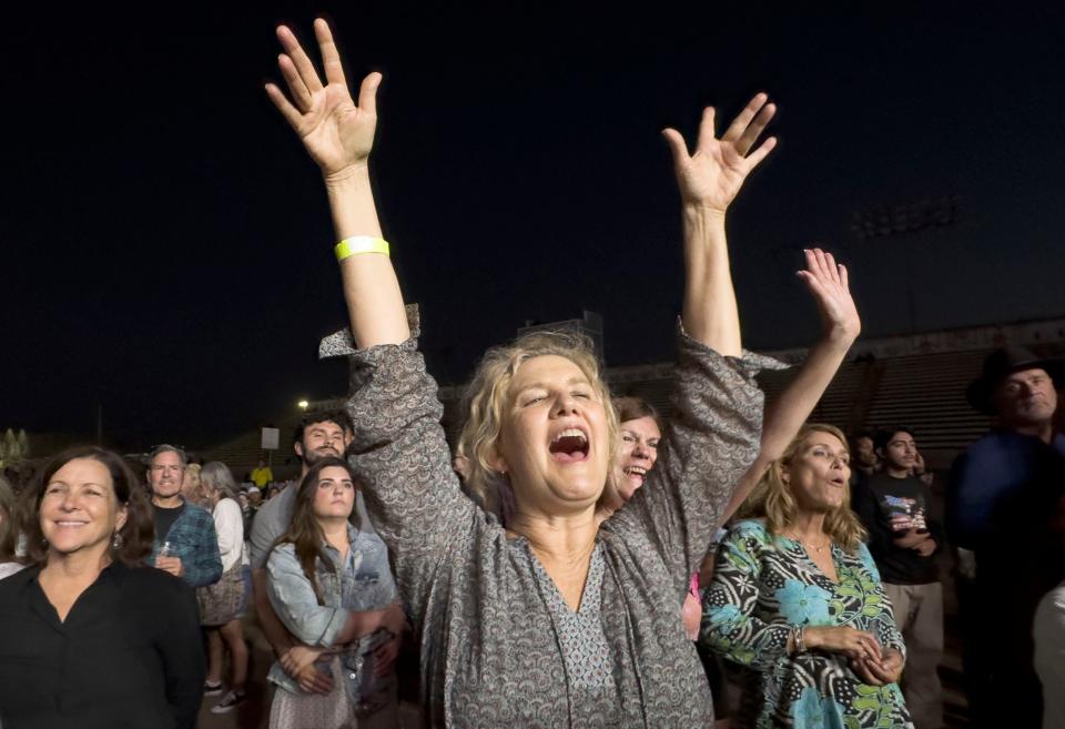 Leaf Monroe, of Ventura, sings along with legendary R&B singer Patti LaBelle at the Ventura County Fair on Thursday.