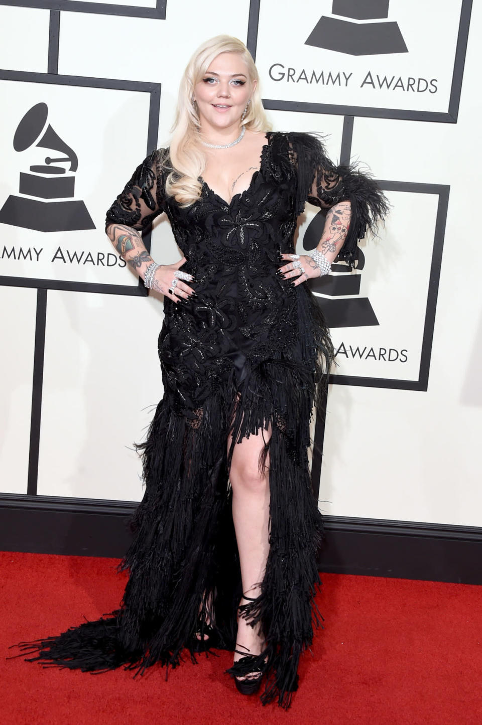 Worst: Ellie King in a black feathery dress at the 58th Grammy Awards at Staples Center in Los Angeles, California, on February 15, 2016. 