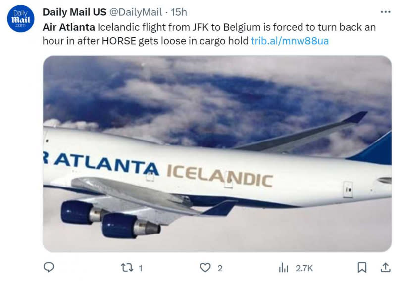 亞特蘭大冰島航空一架飛機從紐約機場起飛後不久，機師突然連絡塔台要求折返降落，原來機上運送的一匹馬竟然掙脫束縛衝出貨艙 。（圖／翻攝自推特）