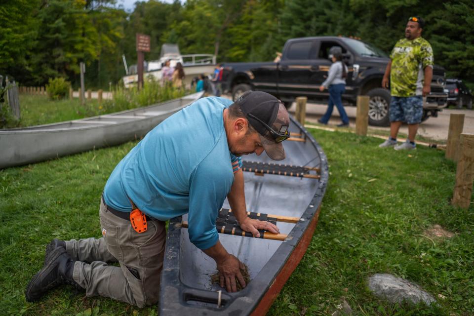 Bay Mills Community College livestock educator Dave Corey scrapes together the last of the manoomin "wild rice" from the bottom of a canoe after harvesting the grains growing on a section of the Au Sable River in Oscoda on Saturday, Sept. 16, 2023, while preparing to leave for the day as the sun goes down.