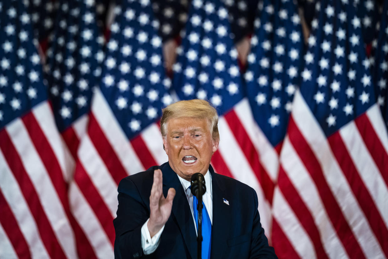 President Donald J. Trump speaks during an election night event in the East Room at the White House early in the morning on Nov 04, 2020 in Washington, DC. (Jabin Botsford/The Washington Post via Getty Images)