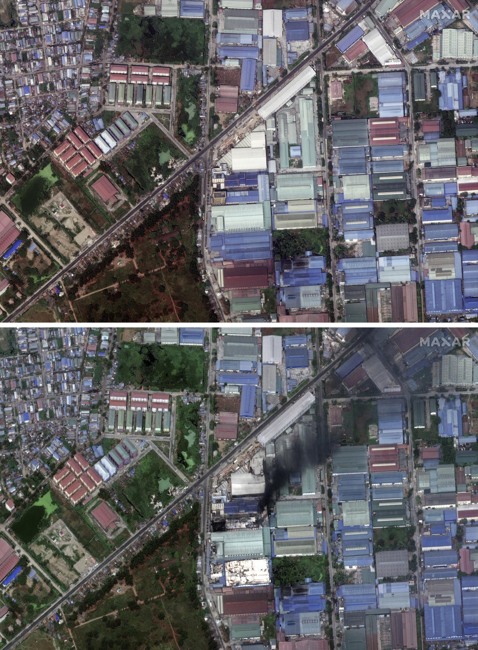 This combination image of March 9, 2021, top, and March 15, 2021, satellite images provided Maxar Technologies shows Global Fashion Garment Factory, a Chinese-owned supplier to the fashion retailer C&A, in Yangon, Myanmar. Confusion over what exactly happened during recent attacks on factories in Myanmar has highlighted the complex and troubled nature of its relations with China amid a broad public backlash against a Feb. 1 coup. (©2021 Maxar Technologies via AP)