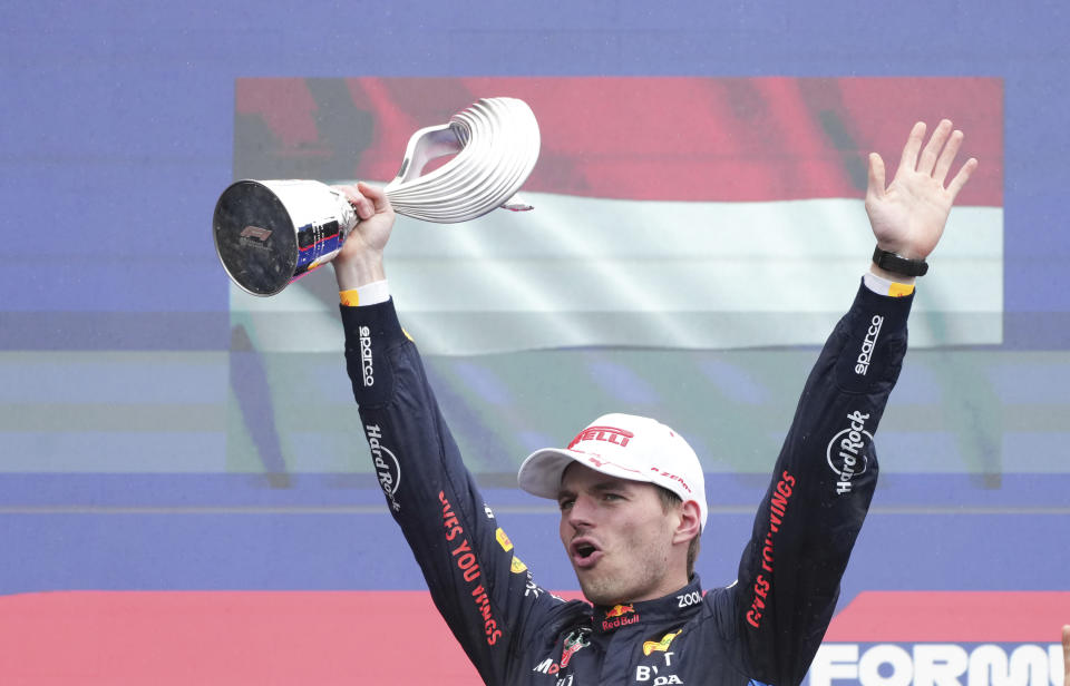 Red Bull Racing driver Max Verstappen, of the Netherlands, celebrates after his win at the Formula 1 Canadian Grand Prix auto race in Montreal, Sunday, June 9, 2024. (Christinne Muschi/The Canadian Press via AP)