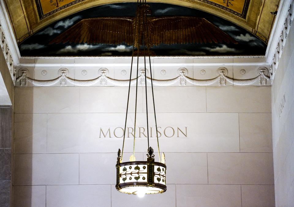 Outside the Center for Black Literature and Culture inside the Central Library, the names of ten Black authors have been added to wall carvings on Wednesday, March 30, 2022, in Indianapolis. Previously the author names included mostly male white authors from decades past. 