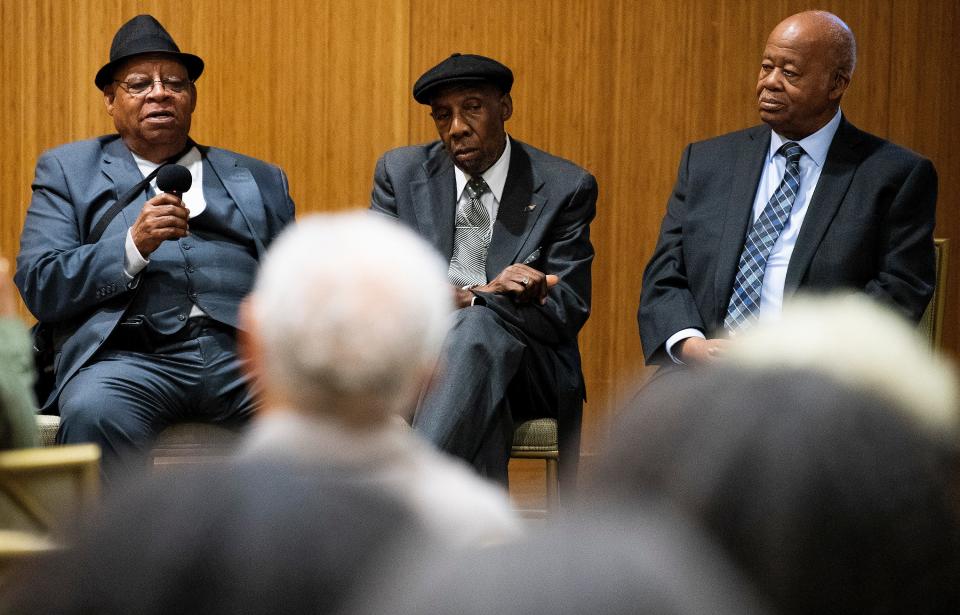 St. John Dixon, from left, James McFadden and Joseph Peterson speak as surviving members of the 1960 Alabama State University student lunch counter sit-in protest are honored on the 60th anniversary of the event during a ceremony on the ASU campus in Montgomery, Ala., on Monday.