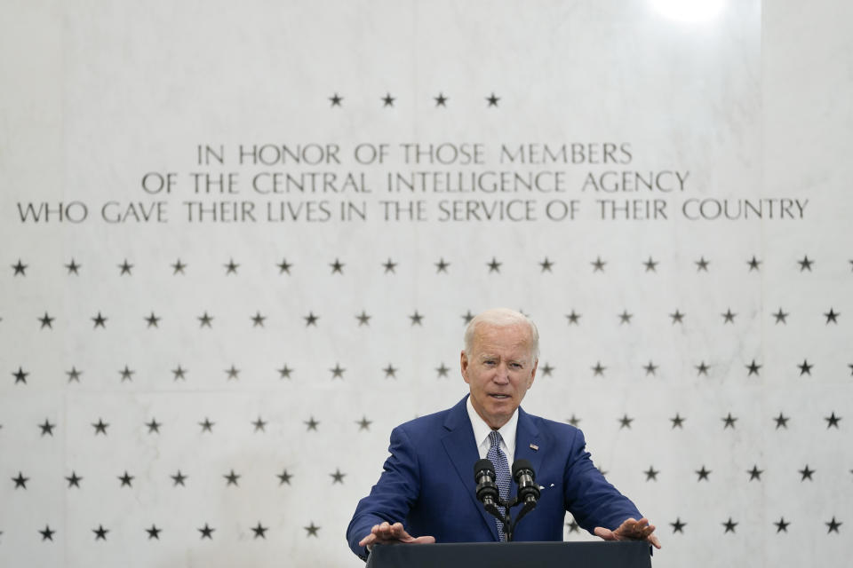 President Joe Biden speaks at the Central Intelligence Agency headquarters in Langley, Va., Friday, July 8, 2022, to thank the workforce and commemorate the agency's achievements over the 75 years since its founding. (AP Photo/Susan Walsh)