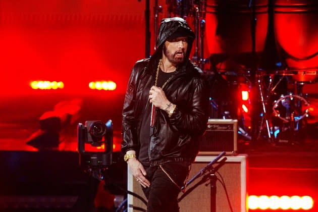 Eminem performing at the 2022 Rock and Roll Hall of Fame Induction Ceremony. - Credit: Jeff Kravitz/FilmMagic/Getty Images