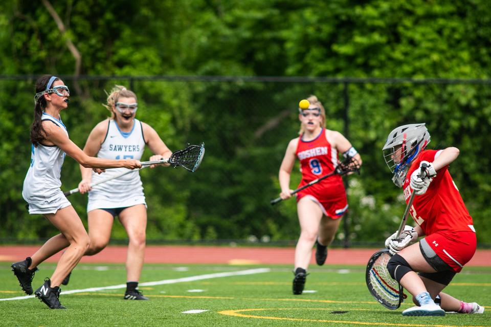 Saugerties's Addison Costello shoots and scores during the Section 9 class C girls lacrosse championship game at O'Neill High School in Goshen, NY on Thursday, May 26, 2022. Saugerties defeated Goshen 11-8. KELLY MARSH/FOR THE TIMES HERALD-RECORD
