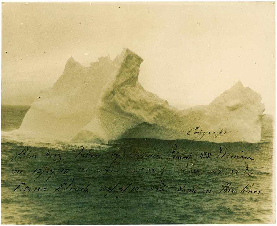 This photo courtesy of RR Auction shows a rare original 9.75 x 8 photo of a uniquely-shaped iceberg photographed by the captain of the Leyland Line steamer S. S. Etonian, two days before Titanic collided with it. The photo shows a massive iceberg with a very distinctive elliptical shape, and is captioned in black ink by the captain. RRAuction of Amherst, New Hampshire said on its website November 26, 2012 that the towering iceberg seen in the mounted black-and-white image is "eerily similar" to the one depicted in sketches by two crew members of the ill-fated liner.