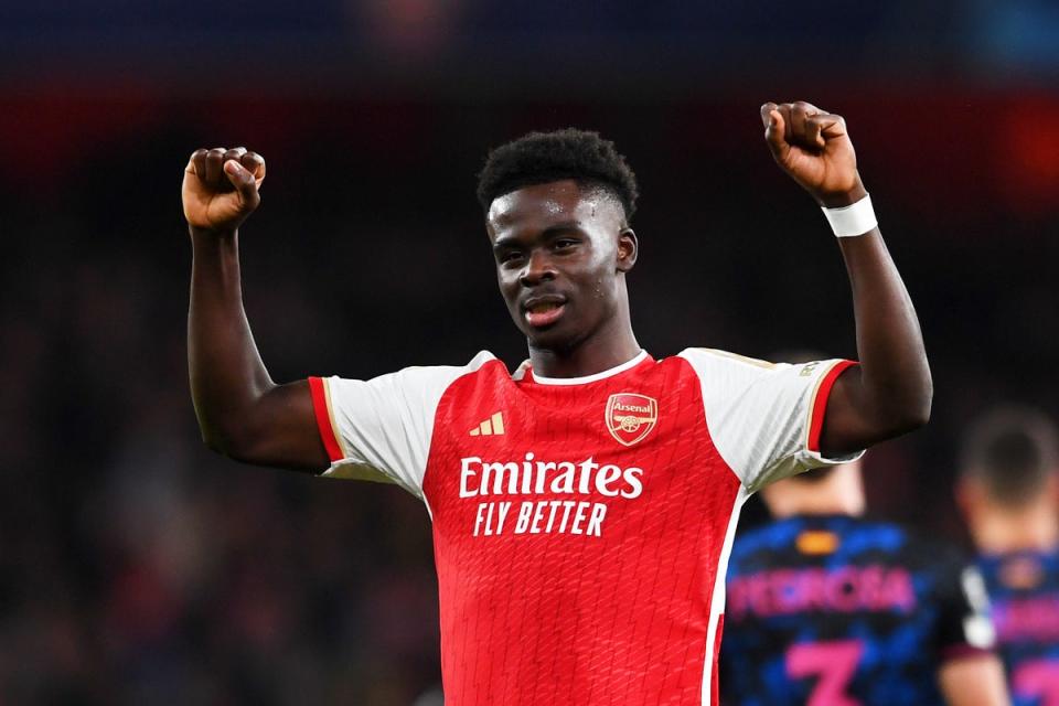 Bukayo Saka scored and assisted on Wednesday before being forced off. (Arsenal FC via Getty Images)