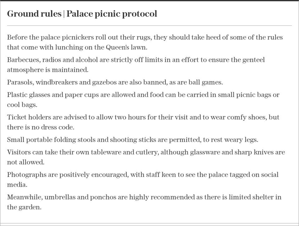 Ground rules Palace picnic protocol