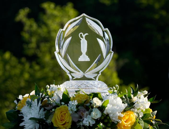 June 2, 2022; Dublin, Ohio, USA; The Jack Nicklaus Memorial Tournament Trophy sits on display at the first hole during the second round of the Memorial Tournament held at Muirfield Village Golf Club in Dublin, Ohio, on Friday, June 3, 2022. Mandatory Credit: Barbara J. Perenic/Columbus Dispatch