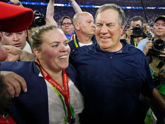 <p>Greg Trott/AP</p> Bill Belichick celebrates with his daughter Amanda Belichick after Super Bowl LI in 2017