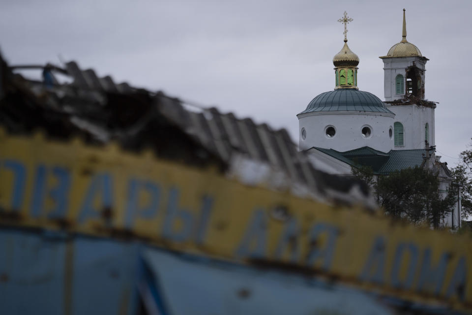 A damaged church is seen in the freed village of Hrakove, Ukraine, Tuesday, Sept. 13, 2022. (AP Photo/Leo Correa)