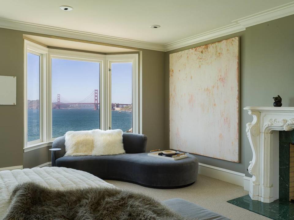 The home has many windows with views of the Golden Gate bridge.