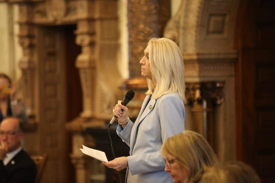 Sen. Renee Erickson, R-Wichita, explains her vote in favor of a bill to ban transgender athletes in women's sports Thursday in the Kansas Senate.