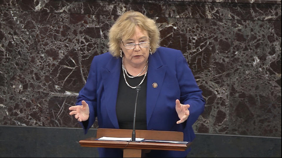 In this image from video, House impeachment manager Rep. Zoe Lofgren, D-Calif., speaks during closing arguments in the impeachment trial against President Donald Trump in the Senate at the U.S. Capitol in Washington, Monday, Feb. 3, 2020. (Senate Television via AP)