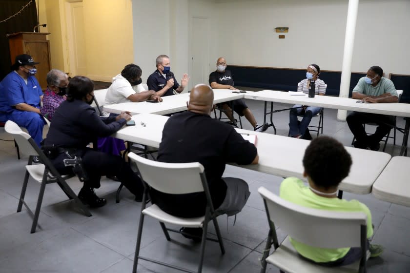 LOS ANGELES, CA - JUNE 12: Los Angeles Police Chief Michel Moore answers questions from the group at Abundant Life Christian Church on Friday, June 12, 2020 in Los Angeles, CA. Black community leaders are hoping to create meaningful change from George Floyd protests. (Gary Coronado / Los Angeles Times)