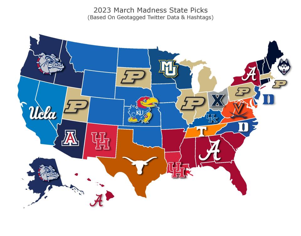 Map of which men's college basketball team each state is picking to win March Madness.