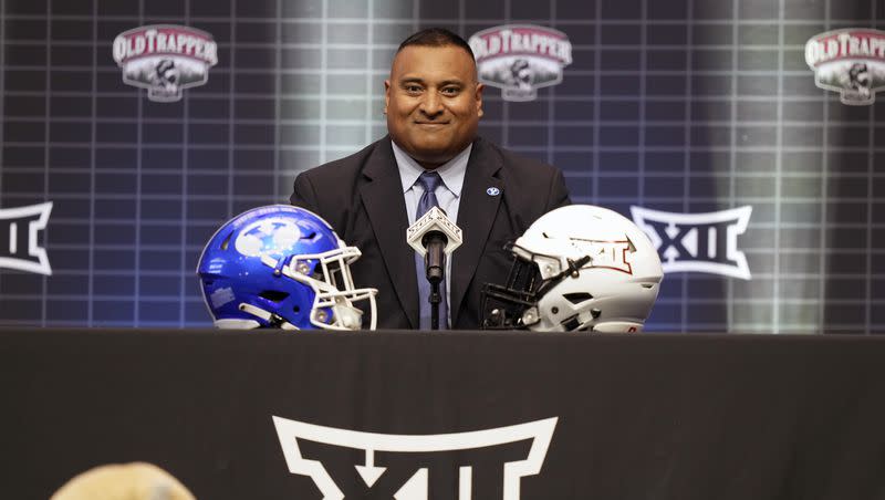 BYU coach Kalani Sitake smiles before speaking during the Big 12 college football media days in Arlington, Texas, Wednesday, July 12, 2023. 