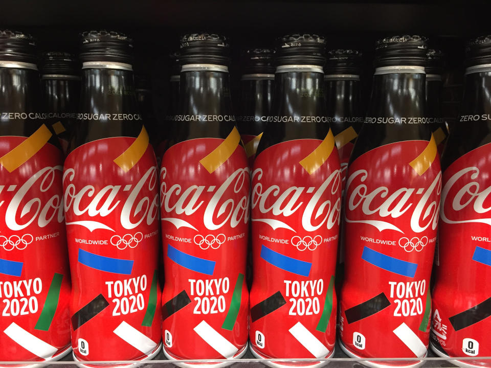 Special edition Coca-Cola bottles advertising the Tokyo 2020 Olympic games.