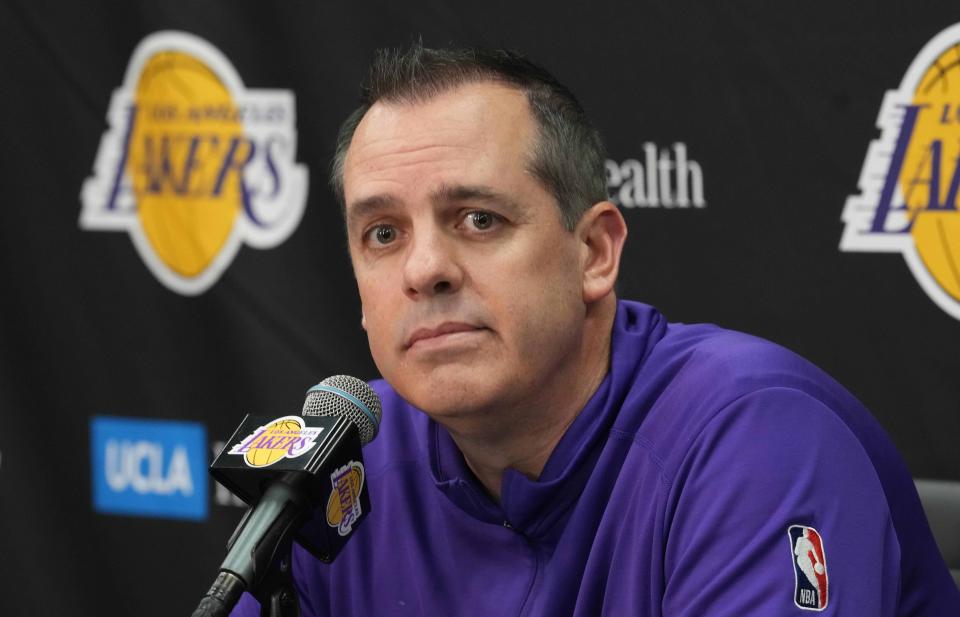 Lakers coach Frank Vogel at a press conference prior to the game against the Boston Celtics Staples Center.