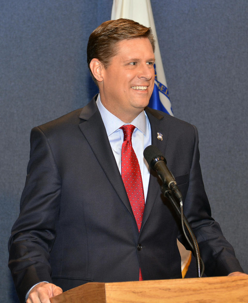 Republican state Rep. Geoff Diehl participates in a U.S. Senate debate against Democratic U.S. Sen. Elizabeth Warren, Sunday, Oct. 21, 2018, in Springfield, Mass. (Frederick Gore/The Republican via AP)