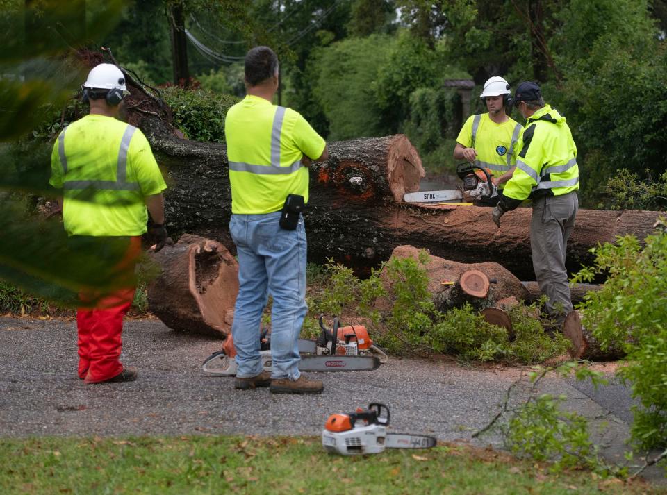 Escambia County Road Department employees remove a downed tree in Myrtle Grove, Florida after a line of intense storms blew through the area on Wednesday, April 10, 2024.