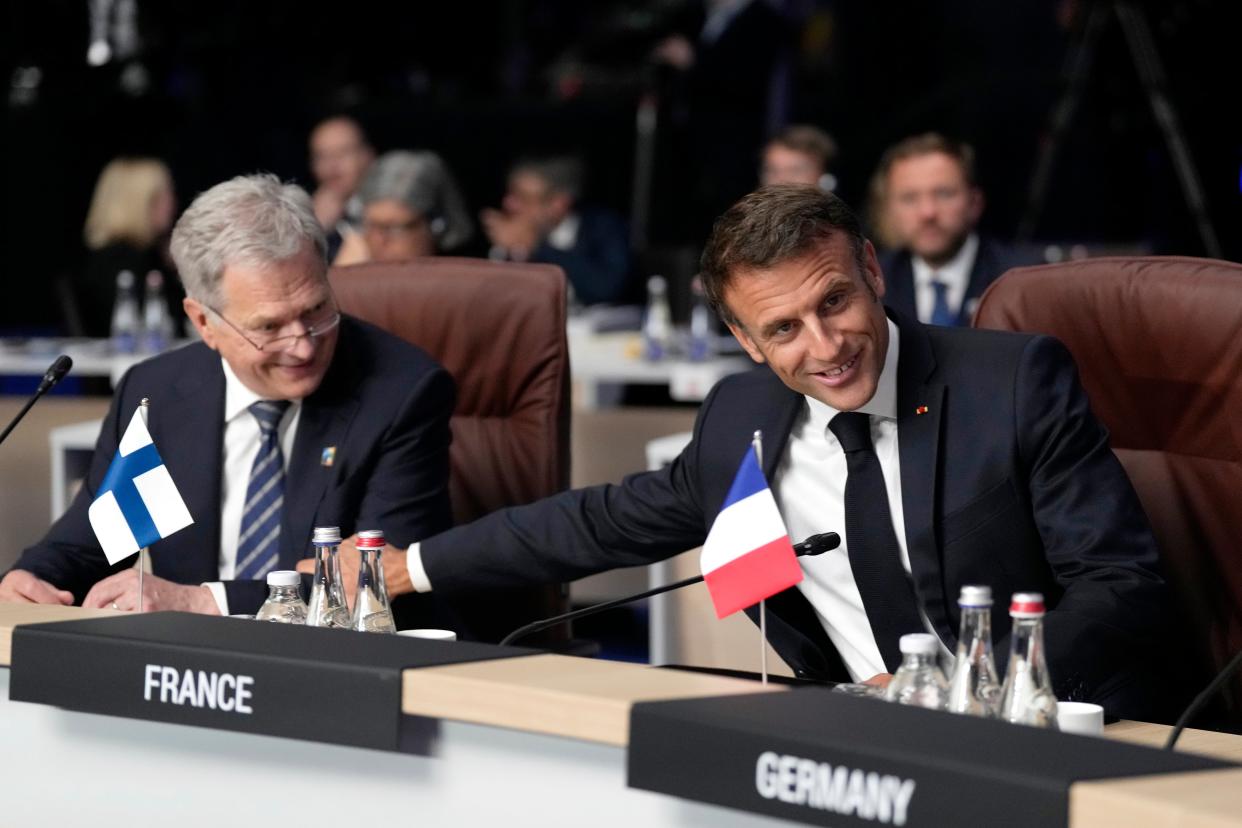 Emmanuel Macron during the Nato summit (Copyright 2023 The Associated Press. All rights reserved.)